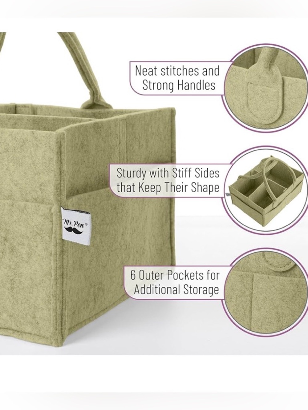 Green (Olive Calm) Felt Storage/Diaper Caddy Organizer Tote by Mr. Pen. New! - Picture 2 of 5
